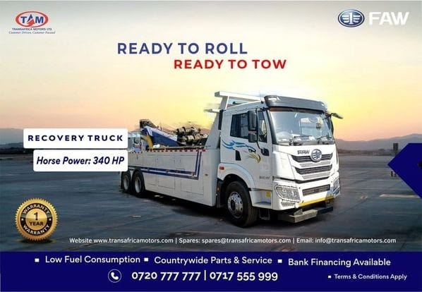 Engineered for performance, reliability and unmatched towing capability.
Your ultimate ally for road assistance
For more information and enquiries contact us on 0717 555 999 or 0720 777 777
T&C Apply*
#towingtruck #fawtrucks #fawkenya #reliable #efficient #FAW #Trending