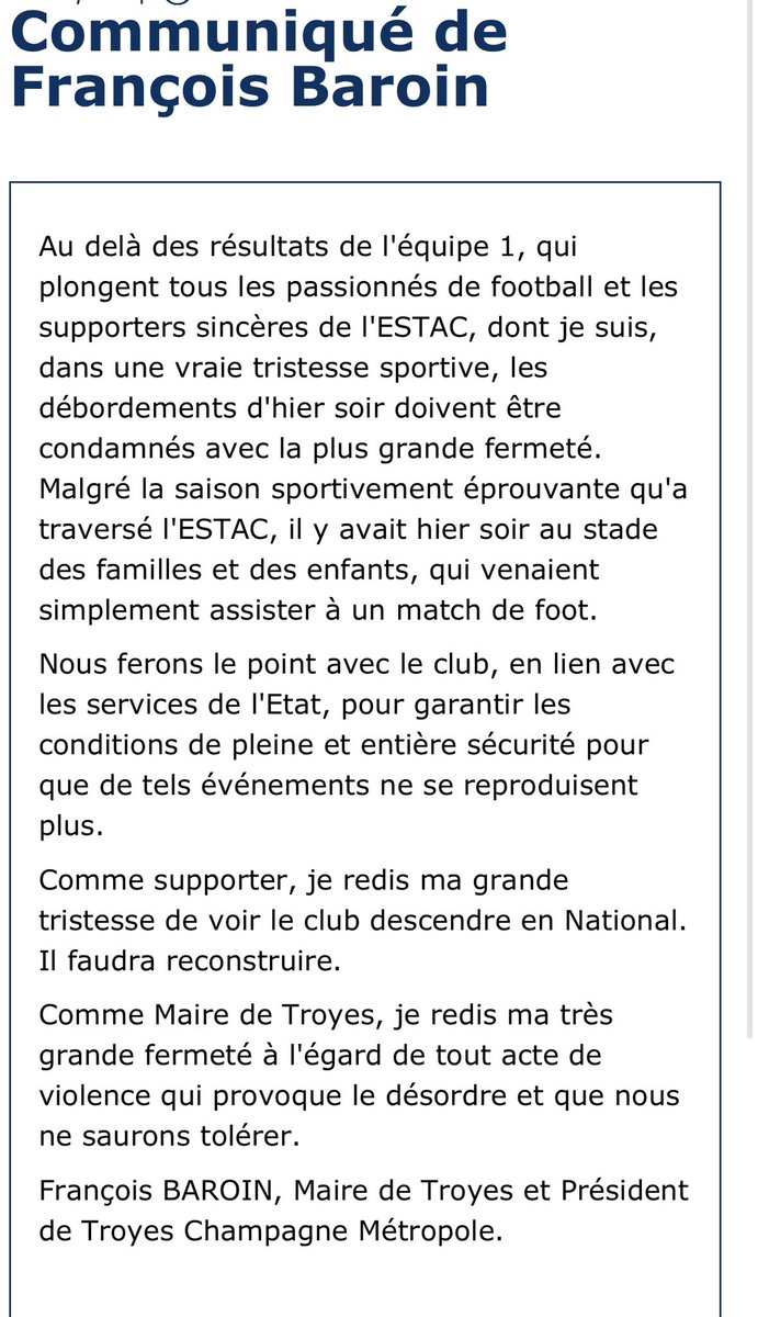 Communiqué de @francoisbaroin après la triste soirée d’hier au stade de l’Aube. #Estac #Troyes #Aube #Ligue2 #Estacvafc