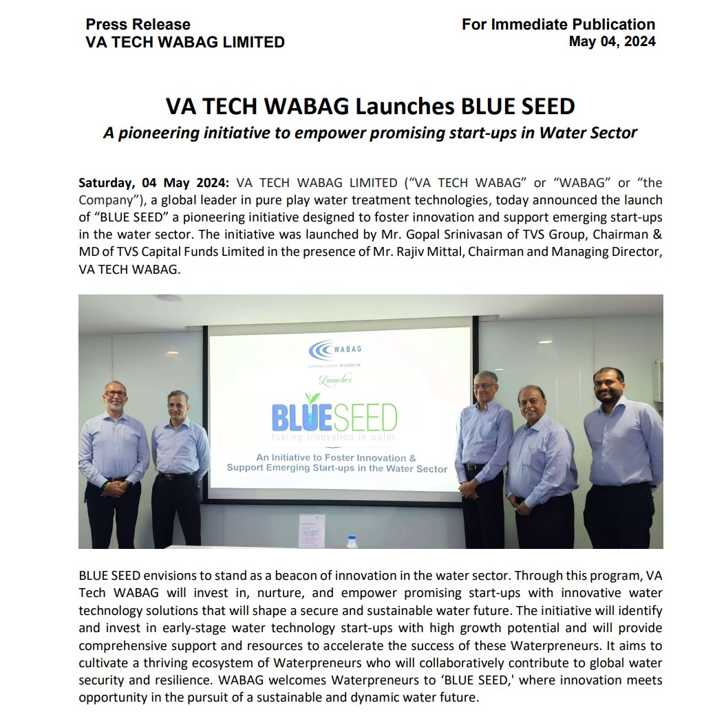 VA TECH WABAG Co Launches BLUE SEED - A pioneering initiative to empower promising start-ups in Water Sector #wabag #StocksToWatch