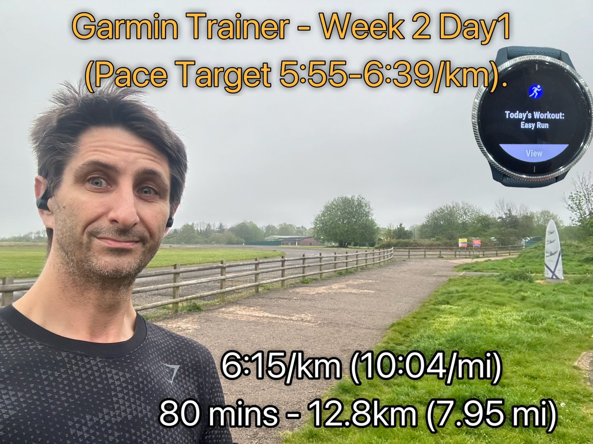 Week2 Day1 - “Easy Run”, Garmin Trainer. 5 min warm-up, 70 mins at target 5:56-6:30/km, 5 min cool-down (Total 80 mins). Average pace 6:15/km : 10:04/mi. Distance = 12.8km. @GarminUK @GarminFitness @Garmin 
#running #run #runner @therunchat