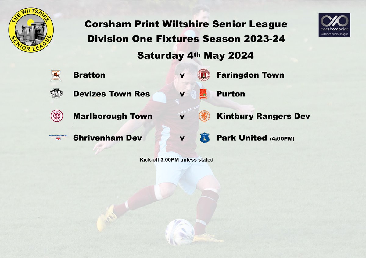 Today's scheduled fixtures in Div 1 of the @corshamprint Wiltshire Sen. League with 3 teams still in the hunt for the title. @faringdontownfc are away at @bratton_fc, @PurtonFootball travel to @DevReservesFC & leaders @ParkUnitedFC22 are at @FShrivenham. @YSswindon @swsportsnews