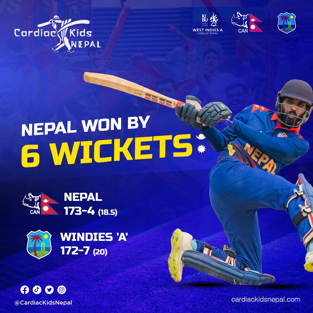 Nepal end the series on a high and get towards the World Cup on a winning spirit. Nepal beat Windies 'A' by 6 wickets but the series ends in 3-2 in favour of the Windies. What a series this has been 🔥🔥

#NEPvsWIA #NepalCricket #WorldCup2024