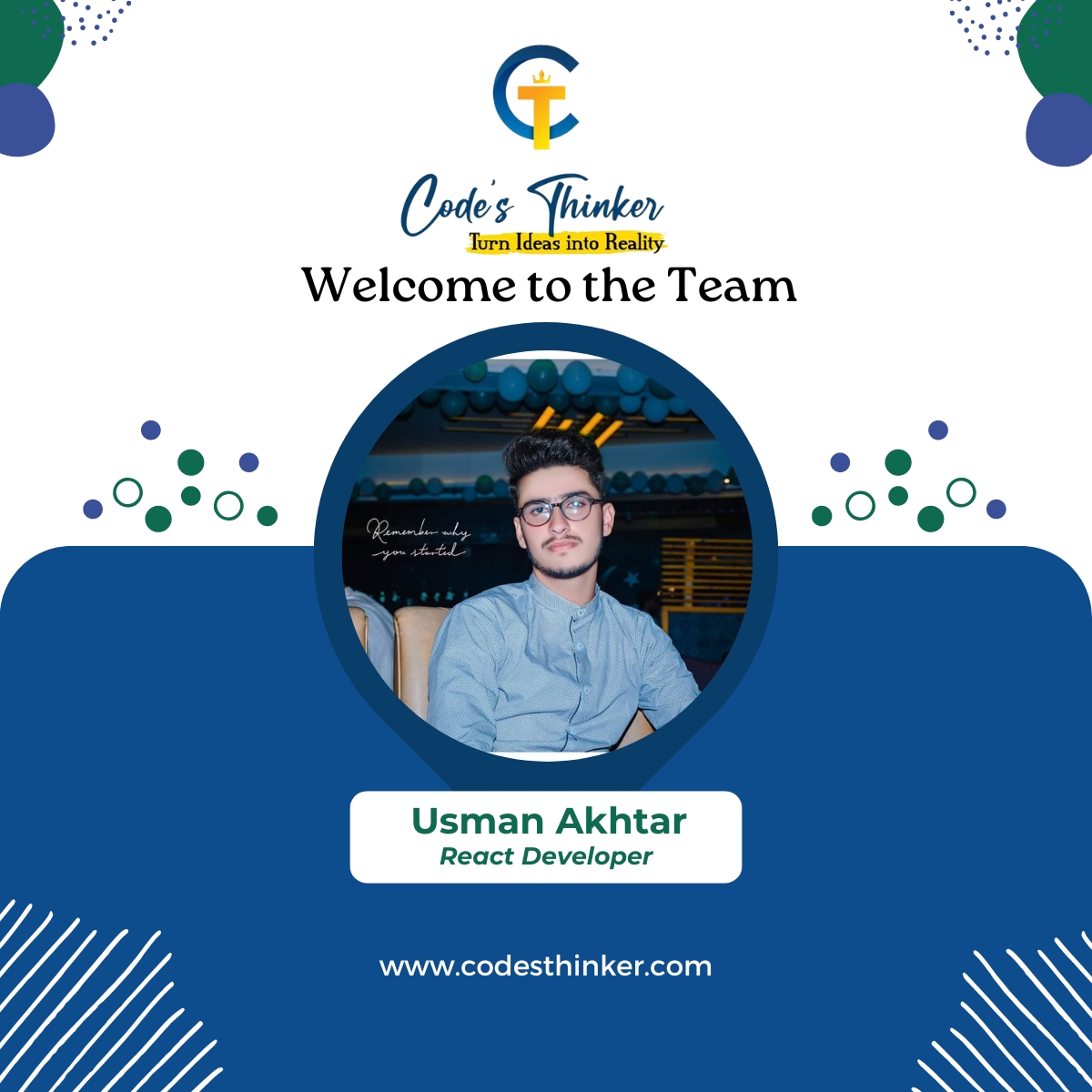 Welcome aboard to our newest React wizard! Get ready to elevate our projects with your expertise in building dynamic and interactive user interfaces. Let's code, collaborate, and innovate together!
#ReactDeveloper
#WelcomeAboard
#CodeMagic
#TeamGrowth
#Codesthinker