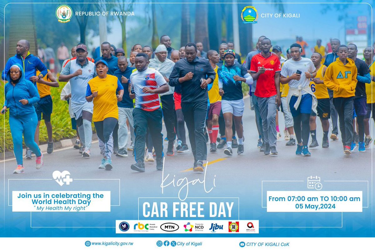 This is to warmly invite all sports enthusiasts from all corners of @CityofKigali to participate in Kigali #CarFreeDay happening this Sunday on 5th May 2024, from 07:00 am to 10:00 am. We will be celebrating the World Health Day “My Health My right”, and we are pleased to let you