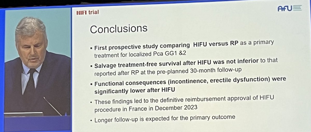 Results of a non-randomised, multi-centre, large study in >3k patients from ⁦@AFUrologie⁩ comparing radical prostatectomy (RP) and HIFU (not focal) presented at #AUA24 The HIFU patients were older HIFU was non-inferior to RP HIFU licensed in France after this study