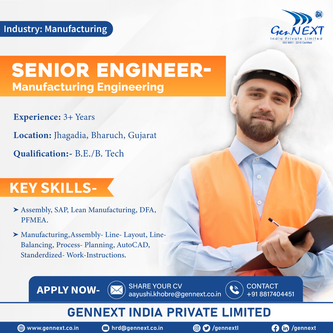 #UrgentHiring 💼📢🎯

Position: Senior Engineer- Manufacturing Engineering 
Location: Jhagadia, Bharuch, Gujarat

#SeniorEngineer #Manufacturing #Engineering #Gujarat #hiringnow #jobsearching #jobsearch #Recruitment2024 #jobopenings2024 #gennextjob #gennexthiring #GenNext #hiring