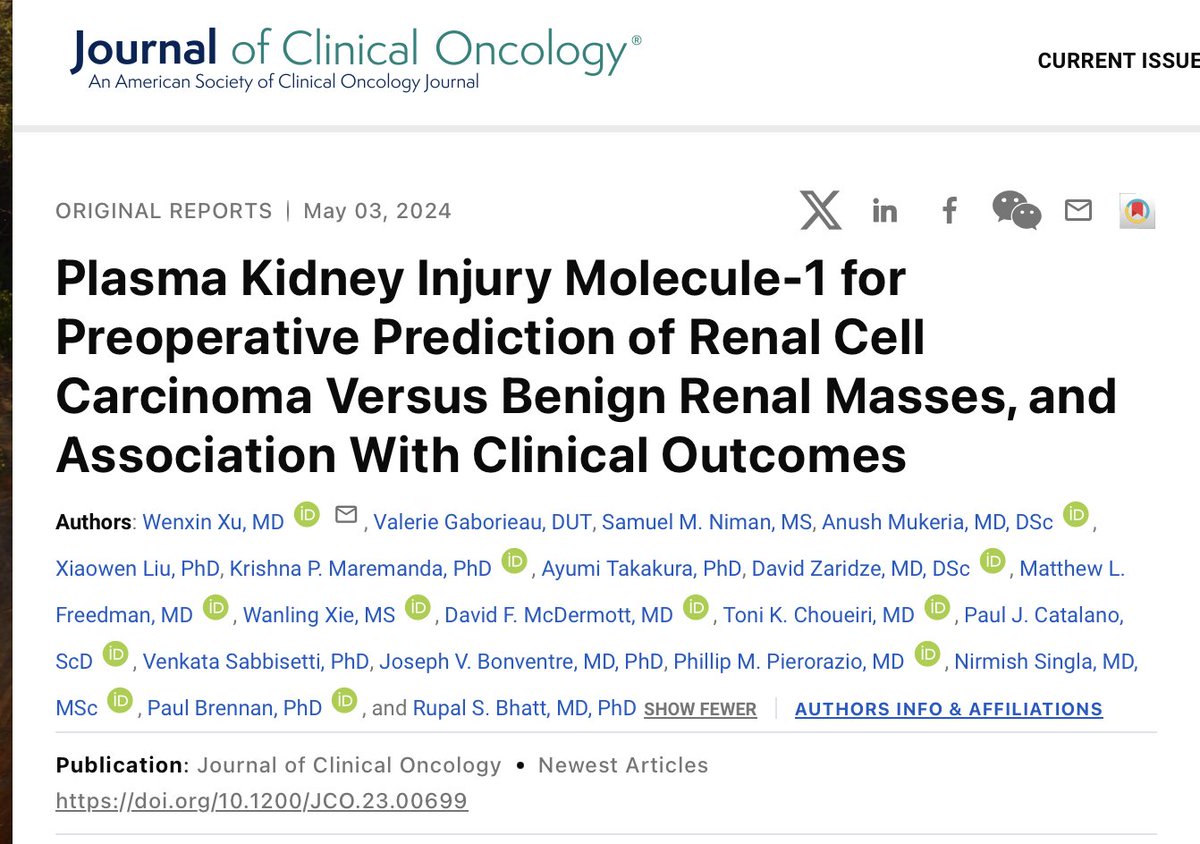 Just Out 🚨on @JCO_ASCO Study explores the utility of plasma kidney injury molecule-1 (pKIM-1) levels as a diagnostic and prognostic marker for renal masses, demonstrating its potential to distinguish malignant from benign masses and predict worse outcomes in renal cell…