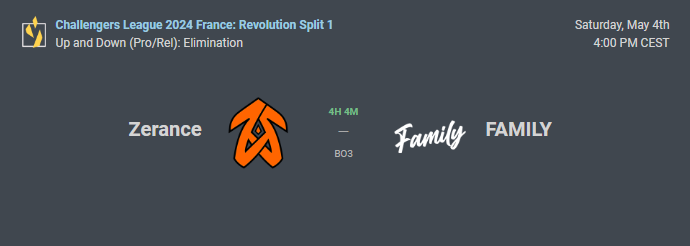 MATCH DAY ♟️​

We have no choice - this is our last chance if we want to stay in the league !

🆚 <a href="/ZerancePartout/">Zerance</a>
🕓 4pm
🖥️ twitch.tv/valorant_fr 

DO or DIE #GoFamily