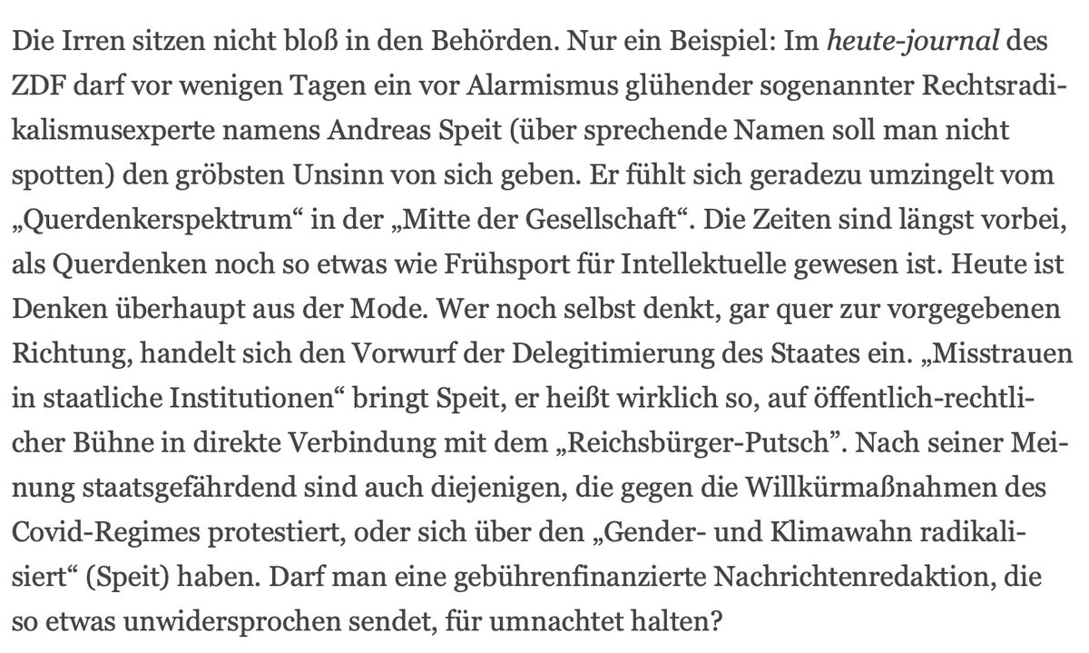 'Heute ist #Denken überhaupt aus der Mode. Wer noch selbst denkt, gar quer zur vorgegebenen Richtung, handelt sich den Vorwurf der Delegitimierung des Staates ein.' Wolfgang Herles