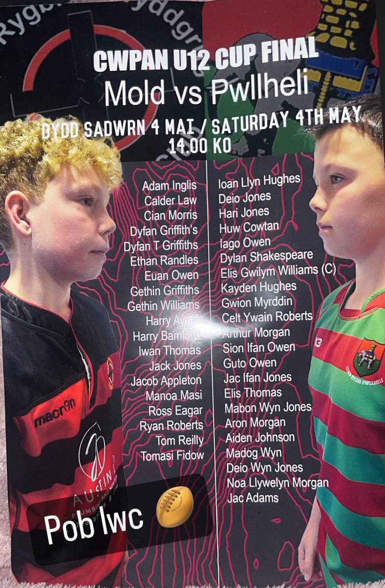 Pob lwc i fechgyn blwyddyn 7 sy’n chwarae rygbi i dim Yr Wyddgrug heddiw ym mharc Eirias 🏉🏉🏉 Good Luck