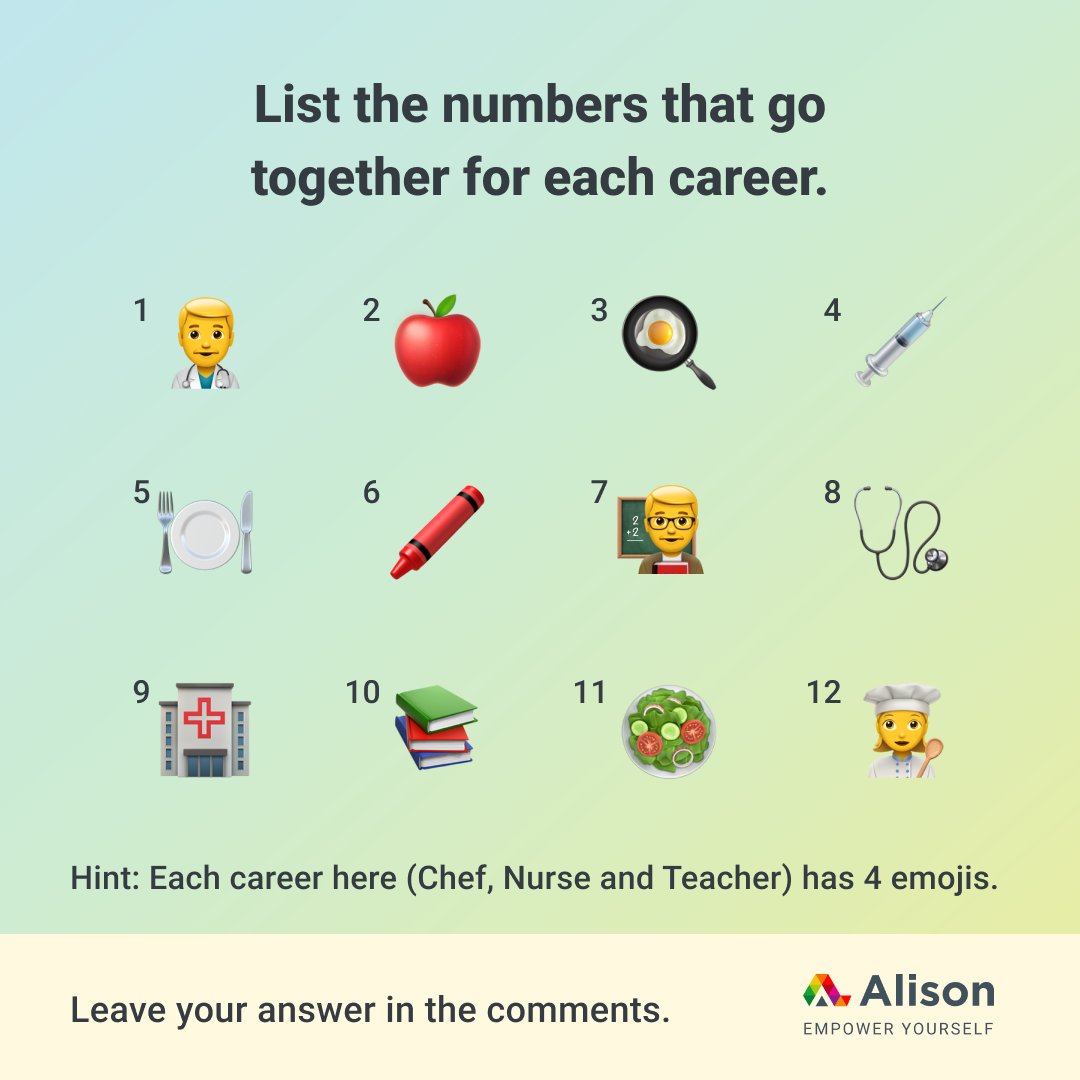 Test your emoji-decoding skills & maybe discover a new career path while you're at it. 🧐

Did you spot a #career you're interested in? Learn more about it in our free Career Guide -  ow.ly/K6nQ50RuogY. 

#AlisonGameNight #EmojiGame #EmojiChallenge #Alison #EmpowerYourself
