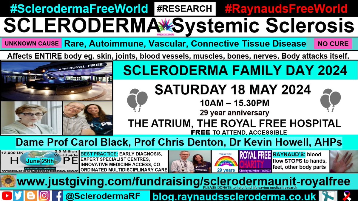 2 weeks to go, Annual @SclerodermaRF Family Day @RoyalFreeNHS
blog.raynaudsscleroderma.co.uk/2024/04/sclero…
Read about #scleroderma #research: 
royalfreecharity.org/focus/sclerode… 
 #SclerodermaFreeWorld #RaynaudsFreeWorld #SystemicSclerosis #Raynauds #Autoimmune #RareDisease #NoCure #UnknownCause #LifeChanging