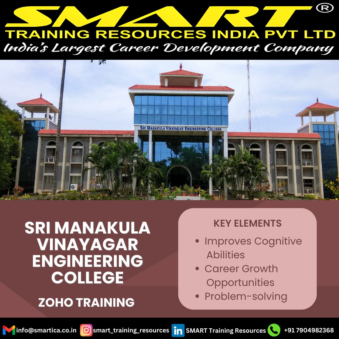 Glad to announce that we are conducting ZOHO Training at Sri Manakula Vinayagar Engineering College.

SMART TRAINING RESOURCES INDIA PVT. LTD.

Call us:-
+91 7904982368
+91 9500077606

#zoho #Training #problemsolving #CareerDevelopment  #Careers #Students #college #company