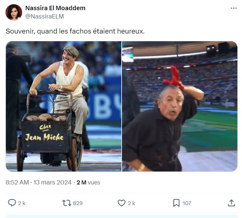 « Chez Jean Miche avec béret, baguette et tricycle = facho… ! Bah c’est juste la France bordel de merde !! Qu’ils demandent à tous les pays et en particulier le Maghreb s’ils font des fêtes avec des codes sociaux qui n’ont rien à voir avec leurs traditions ! Voilà voilà…