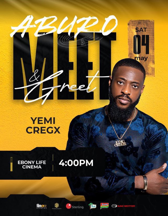 Yemi will have a meet and greet with his fans for his movie please 🙏 help me retweet to reach a wider audience 

ABURO MEET AND GREET
#AburoTheMovie
#MeetAndGreetWithYemiCregx
#YemiCregxTheBrand