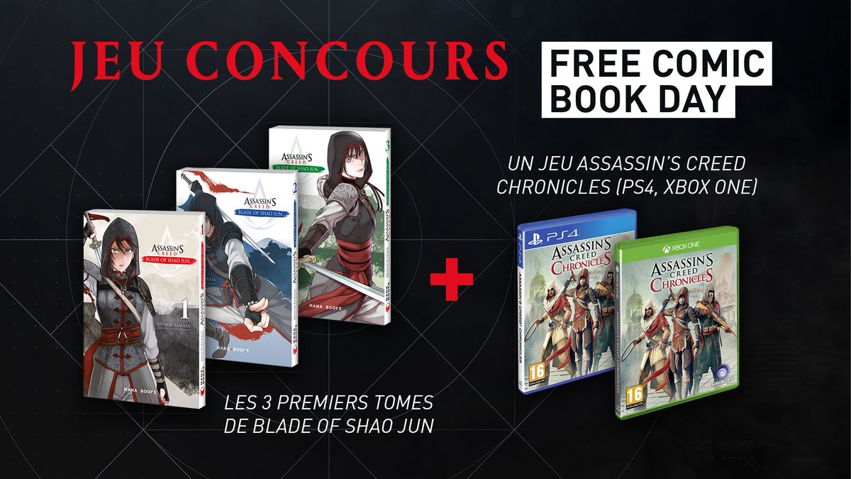 Aujourd'hui c'est le #FreeComicBookDay ! 📖 

On fête ça avec un jeu concours, pour tenter de gagner ce lot de 3 mangas + 1 jeu autour de l'Assassin Shao Jun 🎁 :
🔄 RT ce post 
💬 Commente ta plateforme entre PS4 et Xbox One
✅ Abonne-toi à @UbisoftFR

TAS le 10/04