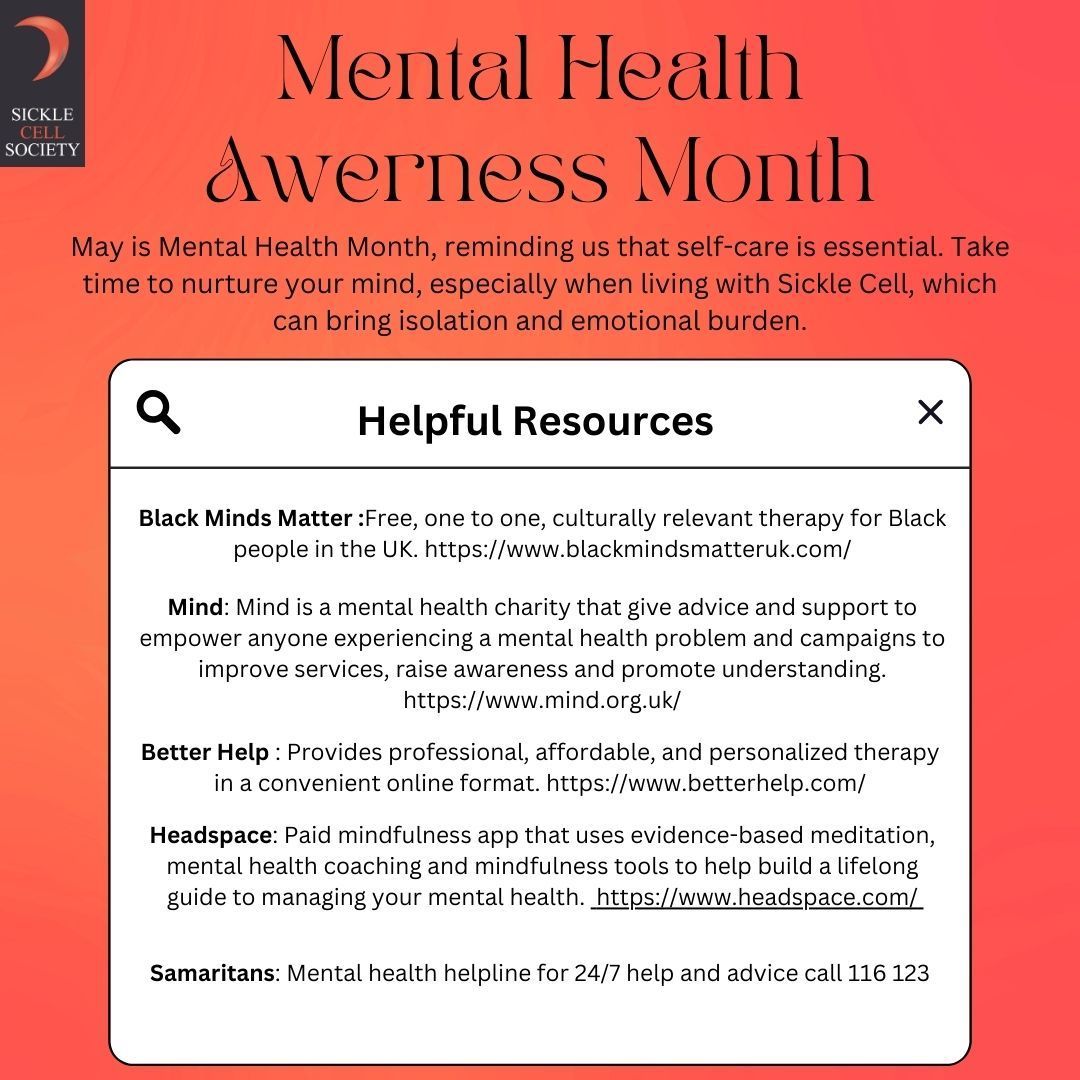 May is Mental Health Awareness Month! Prioritize mental well-being and seek support, especially for those with sickle cell. Mental health is as crucial as physical health. Neglecting it can harm overall well-being. #MentalHealthAwareness #SickleCellAwareness