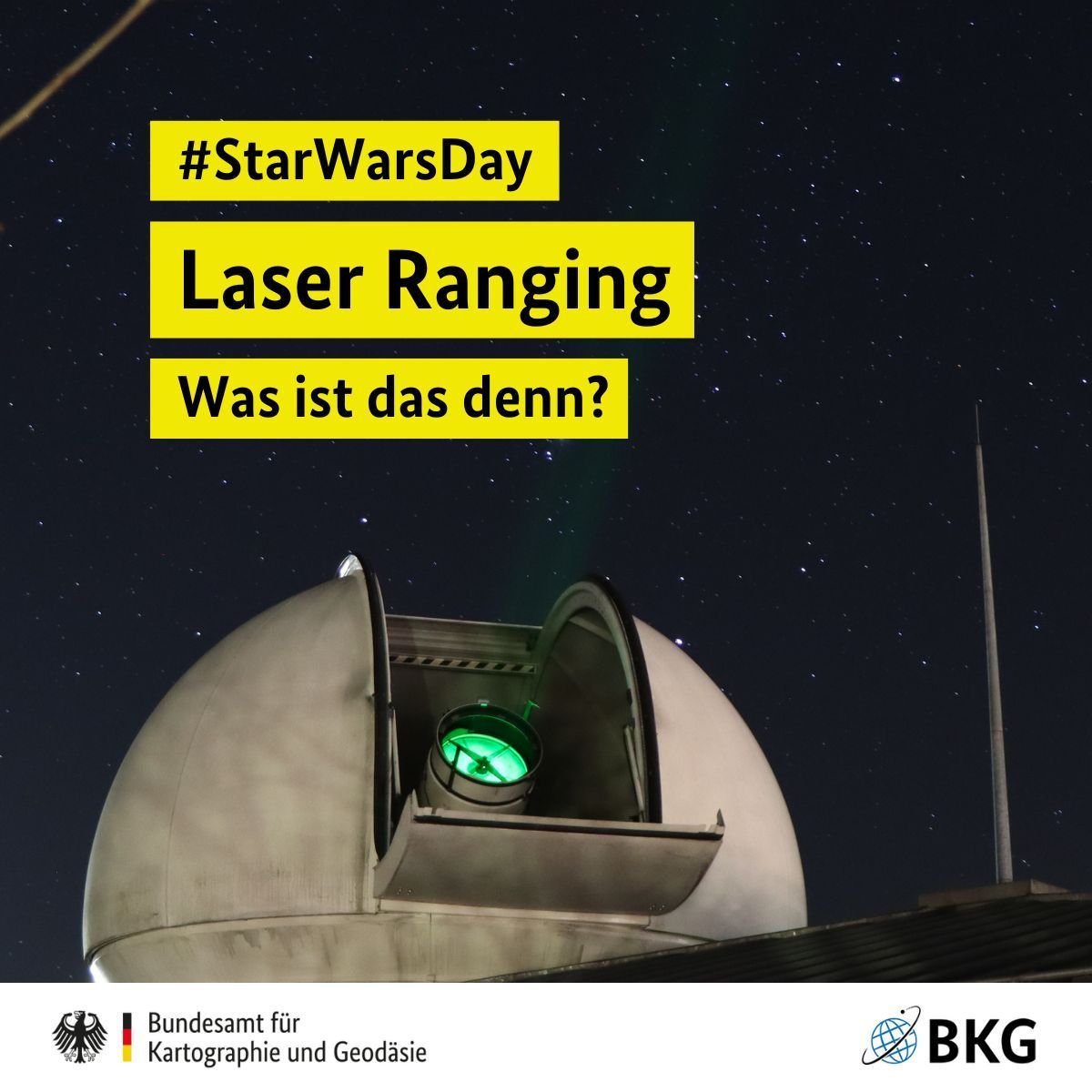 Schon gewusst? Beim Laser Ranging 🔭 ermitteln wir mit Laserimpulsen die Entfernung zum Mond 🌕 oder zu Satelliten 🛰️. So können wir auch Satellitenbahnen exakt bestimmen, damit deine Navi-App 📱 den richtigen Weg findet. #StarWarsDay #MayThe4thBeWithYou #WirGebenOrientierung
