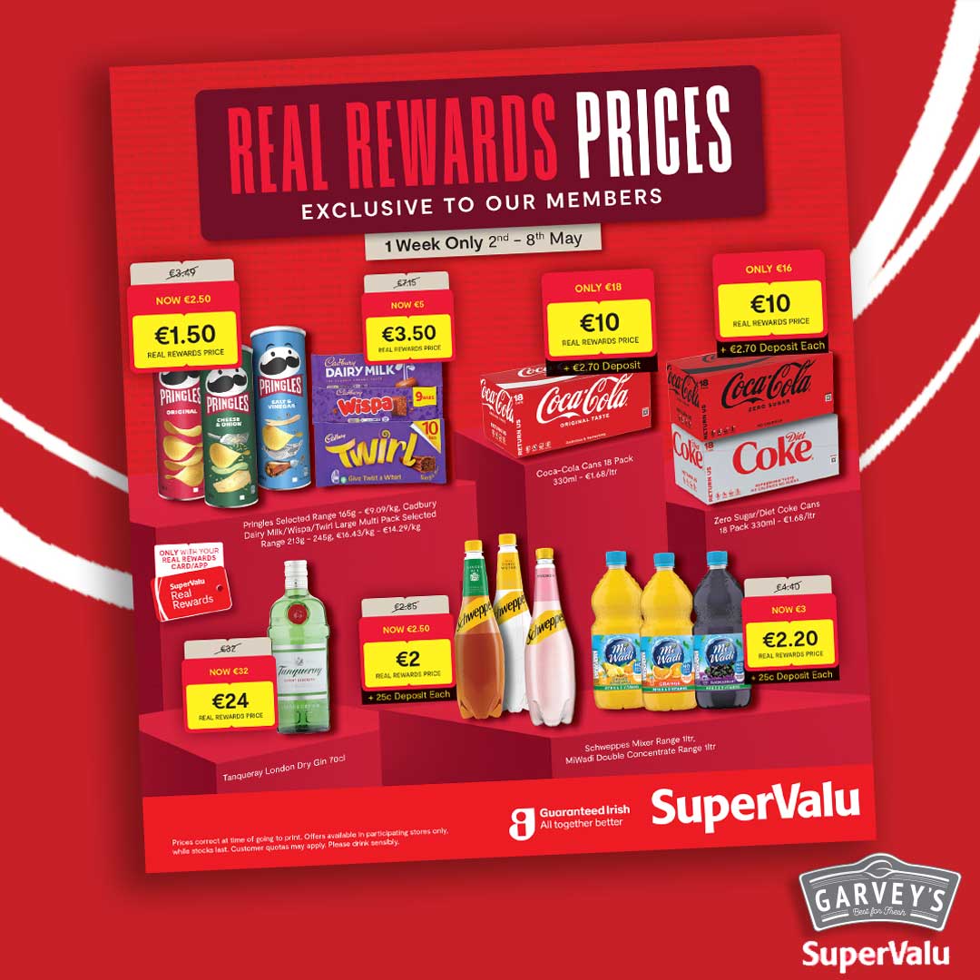 🔴🔽 REAL REWARDS PRICES 🔽🔴 Check out our REAL REWARDS PRICES in store now! 📲supervalu.ie/offers-leaflet… Offers valid Thursday 02nd to Wednesday 15th May 2024, unless otherwise stated. 🔞Please drink responsibly. #GarveysSuperValu #Cobh