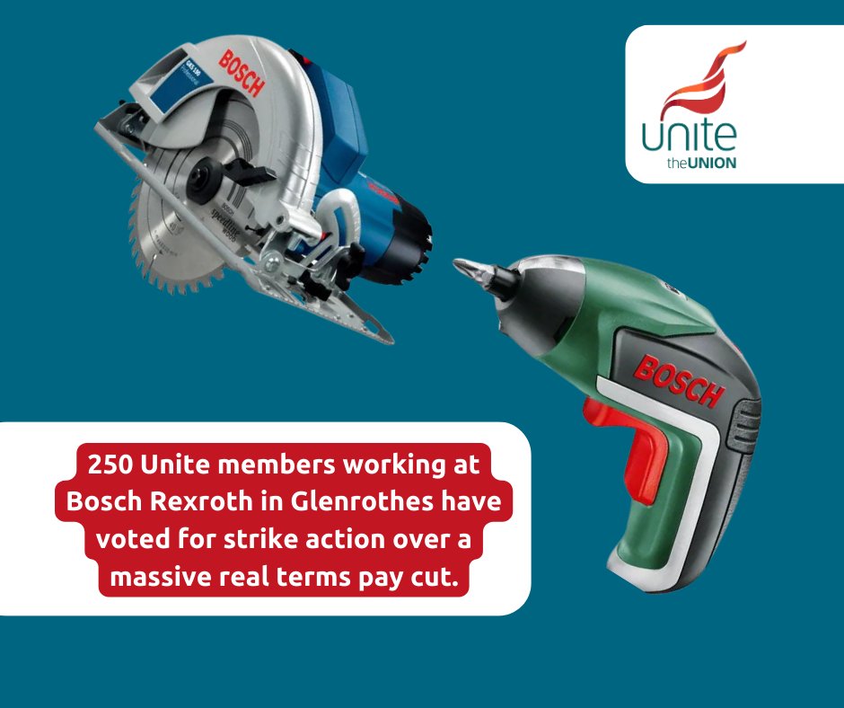 250 Unite members at @BoschRexrothUK in Glenrothes are to strike over a huge real terms pay cut. “This is a company that can easily afford to make a fair pay offer but has cynically failed to do so in order to boost its profits. Unite will back our members 100%” @UniteSharon 👊