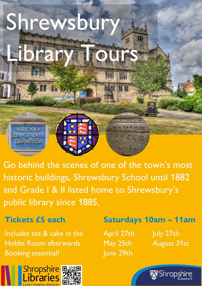 Go behind the scenes of one of the town’s most historic buildings, Shrewsbury School until 1882 and Grade I & II listed home to Shrewsbury’s public library since 1885. Refreshments will be served afterwards. Booking essential, please contact us to reserve a place!