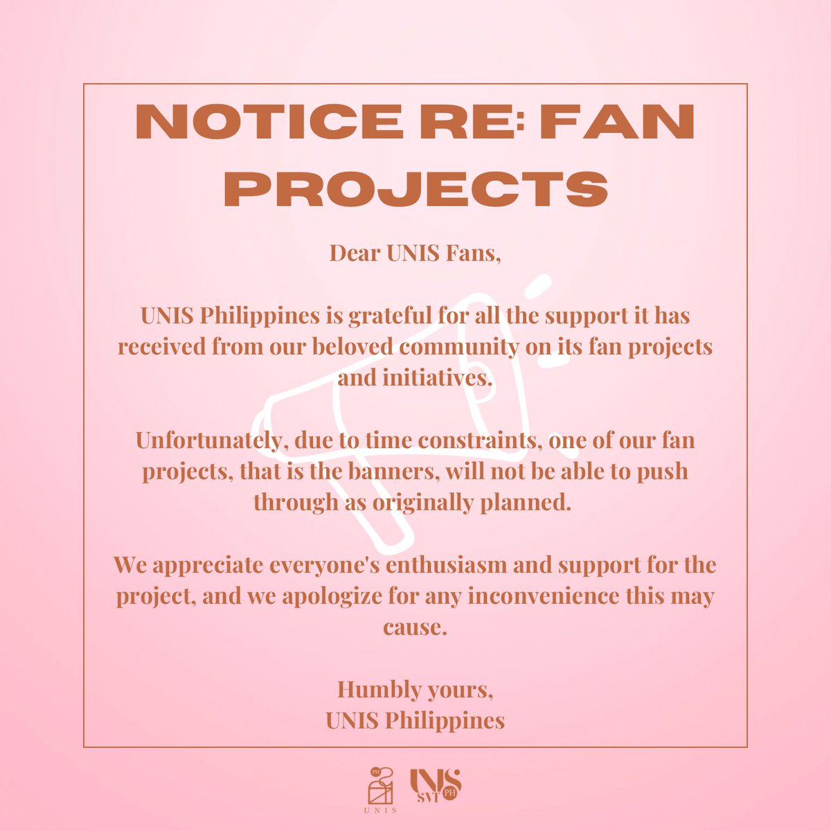 240405 [📣]

𝐒𝐓𝐀𝐓𝐄𝐌𝐄𝐍𝐓 𝐑𝐄𝐆𝐀𝐑𝐃𝐈𝐍𝐆 𝐔𝐍𝐈𝐒𝐏𝐇 𝐅𝐒𝐄 𝐇𝐀𝐍𝐃 𝐁𝐀𝐍𝐍𝐄𝐑𝐒

Due to late approval, the banners didn't make it to the production period. Please read the full statement below.

Thank you so much for your understanding!💓

#WE_UNIS #SUPERWOMAN…