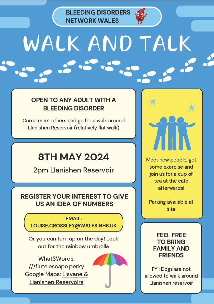 Walk and Talk event 📍 Llanishen Reservoir 🗓️ Wednesday 8th May 2pm If you have a life long bleeding disorder, join the Bleeding Disorder Network's Walk and Talk event next week to meet others whilst you walk. Register: louise.crossley@wales.nhs.uk Friends and family welcome!