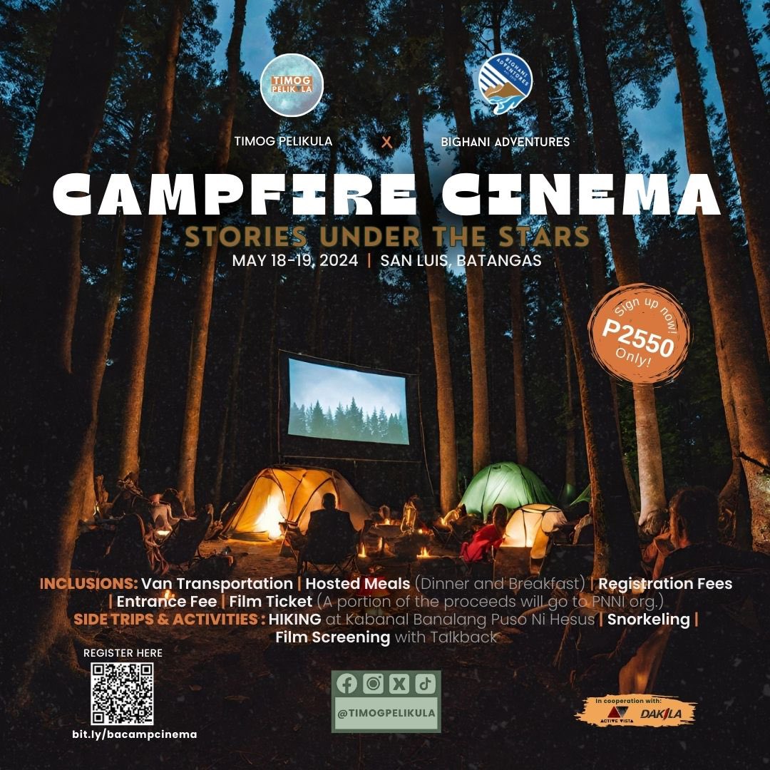 timogpelikula's tweet photo. @timogpelikula &amp; @bighaniadventures teamed up for this campfire cinema with talkback.

Join us on May 18-19, 2024, in San Luis, Batangas, outdoor film screenings, hiking and honor the Month of the Ocean this May through snorkeling
Reg here ->https://t.co/yo59RvJ6to
#outdoorcinema https://t.co/wrwwFL9uYL
