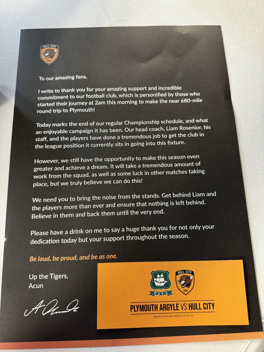 A wonderful touch from @acunilicali for the 1,700 sold-out contingent of #hcafc fans here at Home Park - a £6 food and drink voucher 👏👏