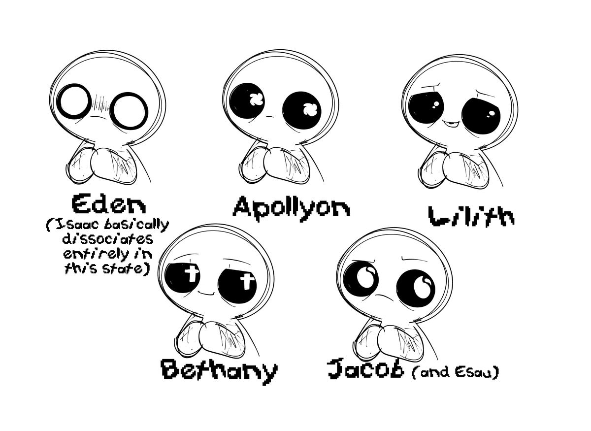 OKAY i decided to flesh out this idea a bit more but with the other characters, could probably change some up but im happy with most of these
#thebindingofisaac #tboi