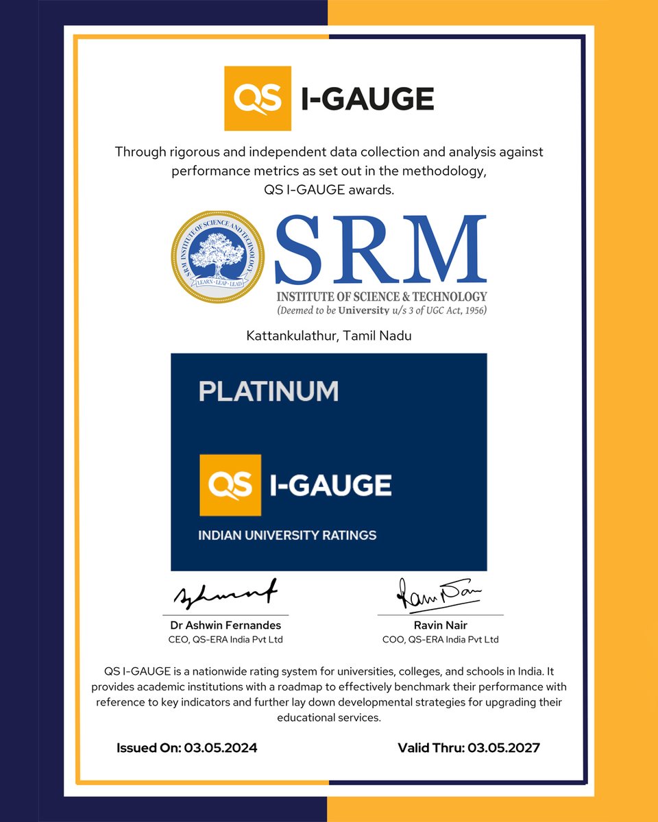 #SRMIST shines in Platinum QS I-GAUGE under Indian University Ratings!⚡

#QSranking #globaluniversities #universities #iaguge #platinum #ranking #srmuniversity