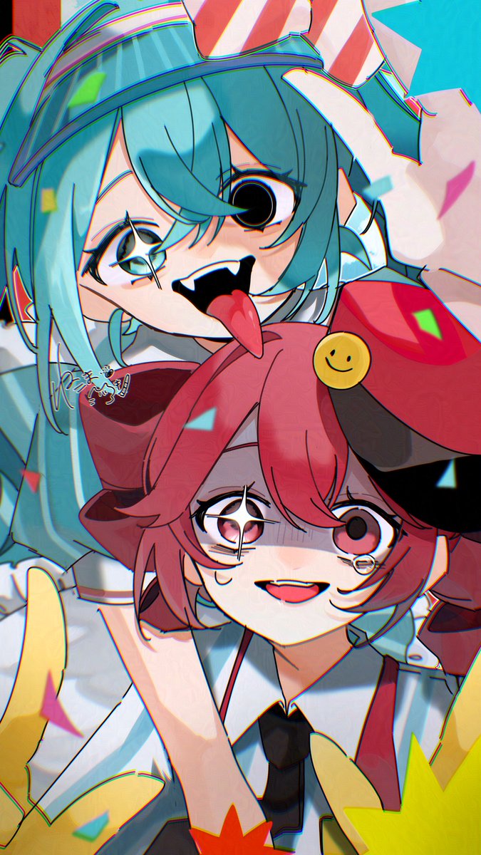 hatsune miku ,kasane teto long hair looking at viewer smile open mouth shirt multiple girls red eyes  illustration images