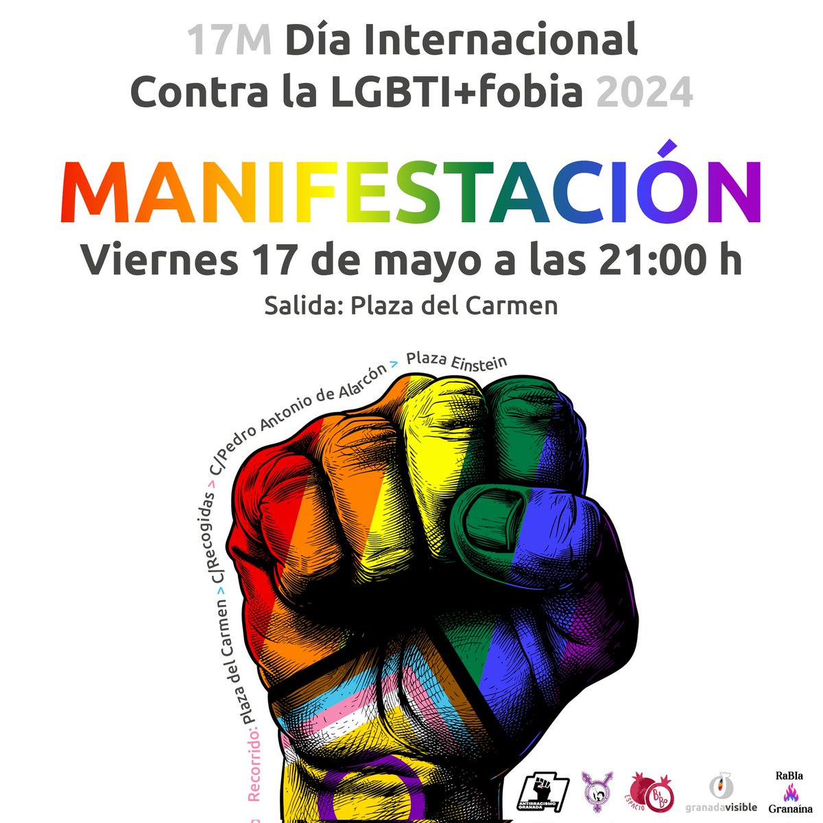 El próximo viernes 17 de mayo a las 21:00 en Plaza del Carmen salimos a las calles para manifestarnos contra el odio y la discriminación por el Día Contra la LGBTI+fobia. Porque las calles son también nuestras, de día y de noche.