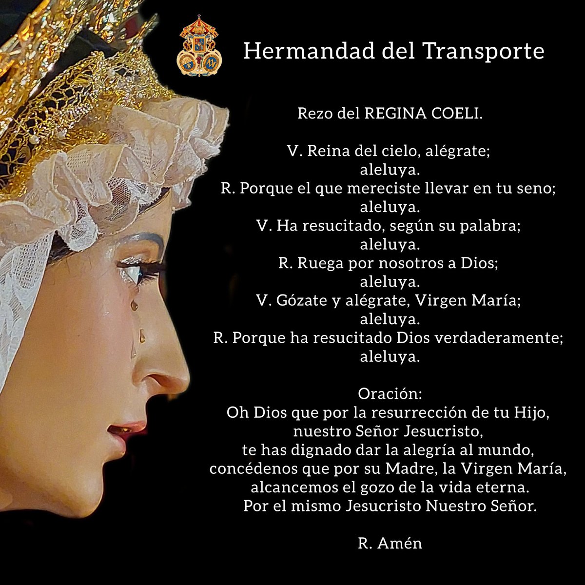 𝑹𝒆𝒛𝒐 𝒅𝒆𝒍 𝑹𝒆𝒈𝒊𝒏𝒂 𝑪𝒐𝒆𝒍𝒊.
Son las 12 del mediodía, y hoy sábado nos disponemos a rezar el Regina Coeli.

Compartimos con Madre de Dios de la Misericordia la alegría de la Resurrección del Señor.

#yosoydeltransporte
#megustaeltransporte