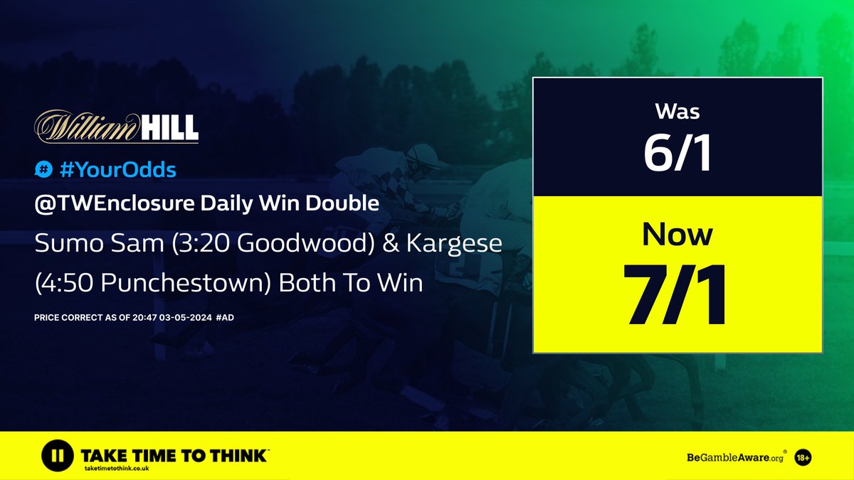 SATURDAY'S WIN DOUBLE ⏫

YESTERDAY'S WAS A WINNER ✅

NOW 7/1 🚀

BACK IT DOWN BELOW 👇
twebet.link/WinDouble040524

#AD | 18+ | BeGambleAware | Always Gamble Responsibly