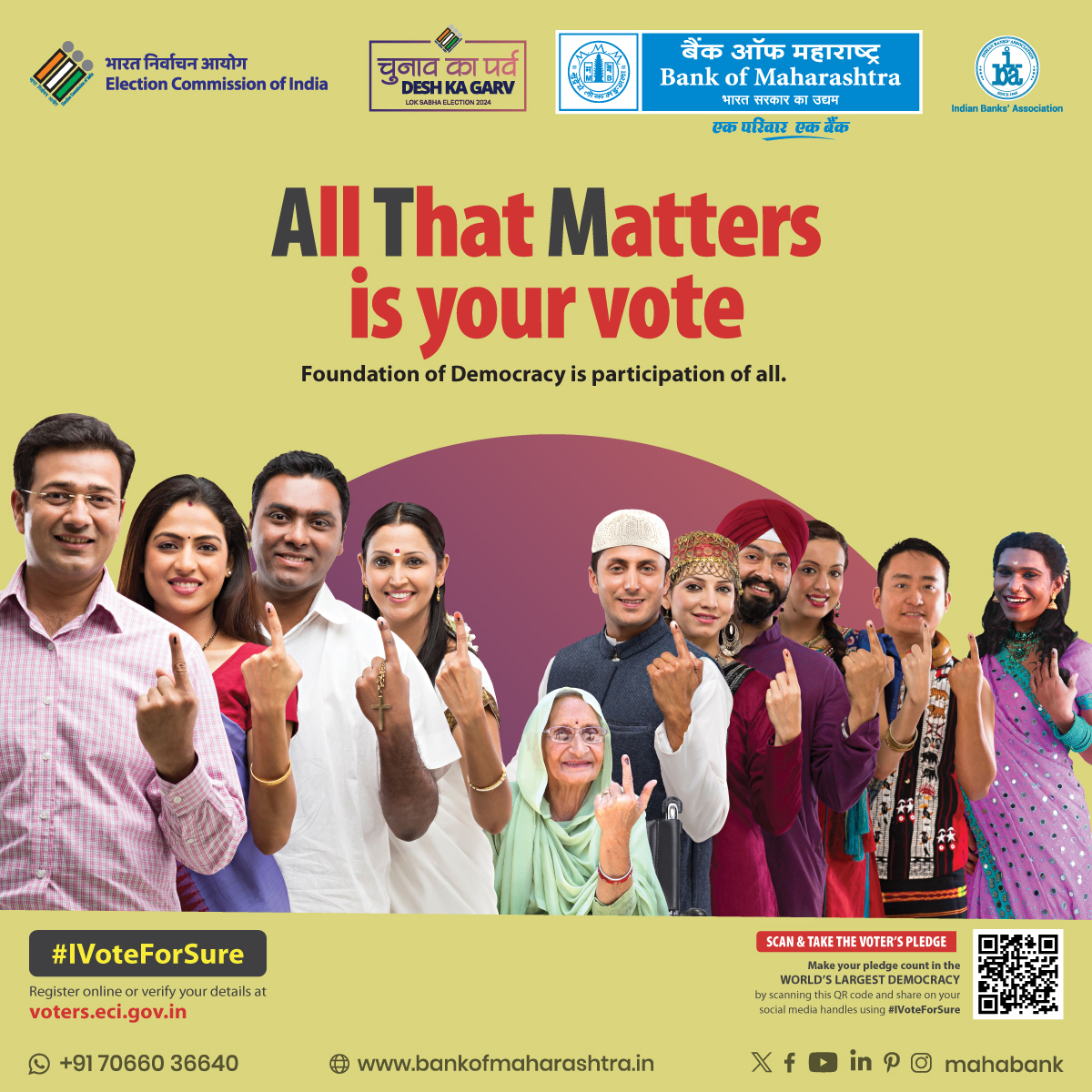 Every vote matters. Step up, participate, and make your vote count.
@ecisveep
@DFS_India 
#BankofMaharashtra #Mahabank #EveryVoteCounts #SmartVoter #IVoteForSure