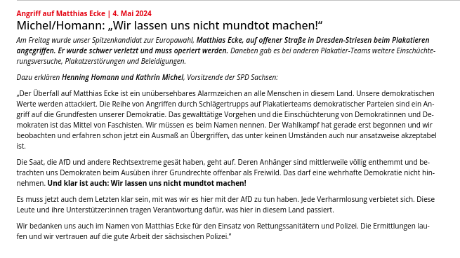 Drohungen gegen Göring-Eckardt, Angriffe auf Plakatierende - nun wurde Matthias Ecke, Europaspitzenkandidat der #SPD Sachsen, attackiert & laut Partei schwer verletzt, muss operiert werden. Die Polizei hatte in #Sachsen zuletzt bereits 30 Angriffe notiert: taz.de/Drohungen-gege…