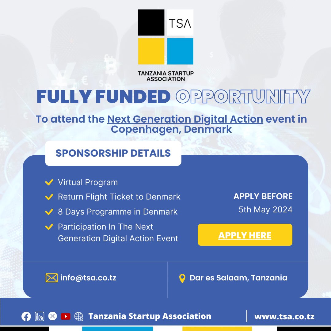 ⚠️ FULLY FUNDED OPPORTUNITY ⚠️ Tanzanian startup founders, here's your chance to join the Next Generation Digital Action event! The Embassy of Denmark in Dar es Salaam, for the first time, has invited Tanzanian startups to participate in this prestigious event, and we are…