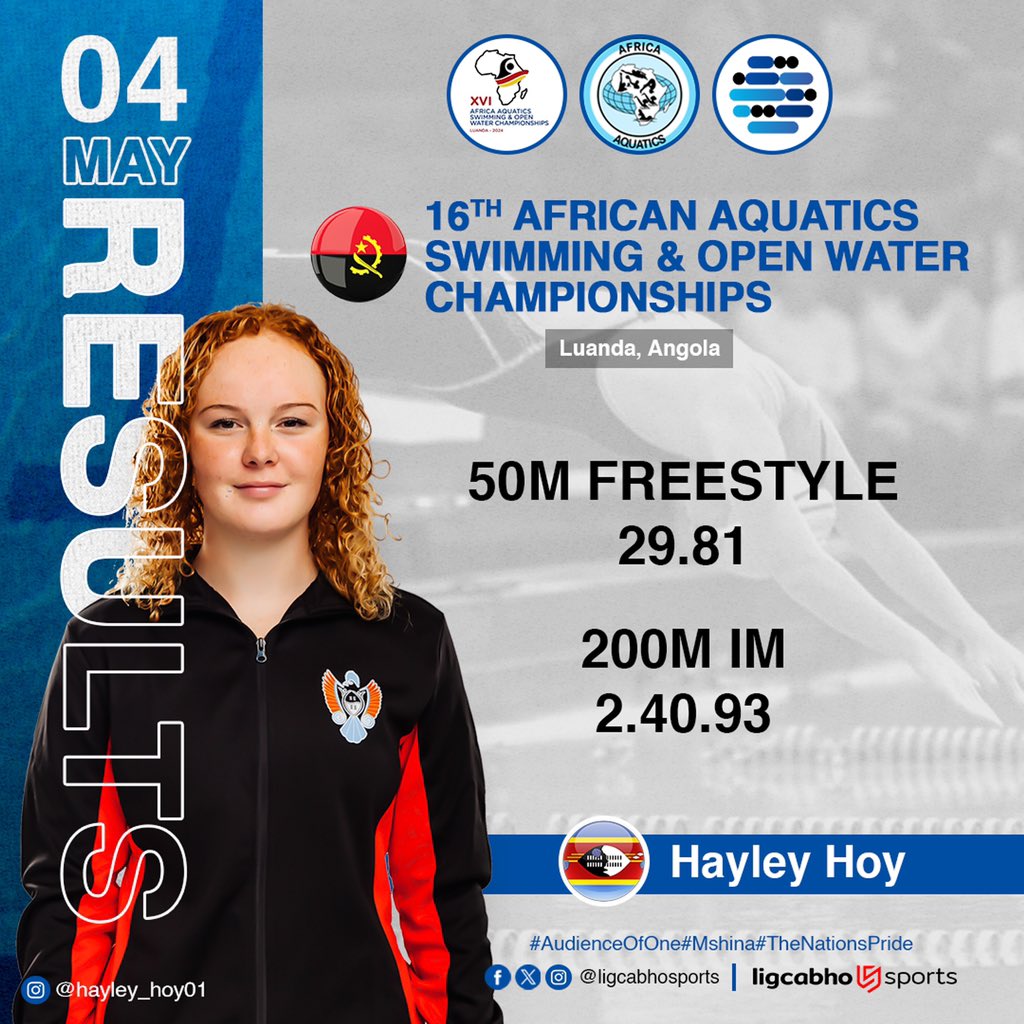 Results: Hayley recorded a time of 29.81 in the 50M Freestyle and 2.40.93 in the 200IM 🏊🏻‍♀️ Congrats Mshina #AudienceOfOne #TheNationsPride🇸🇿