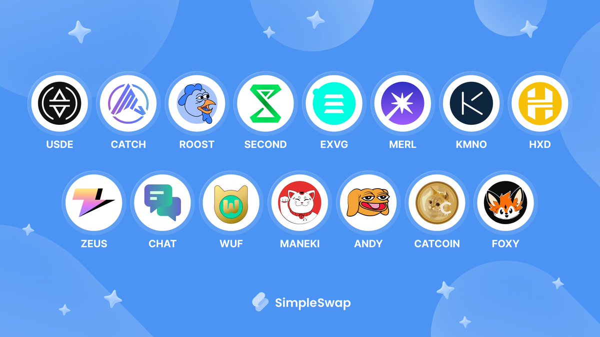 New listings alert! These cryptocurrencies are now ready to swap on our platform without registration: 🔹 $USDE @ethena_labs 🔹 $FOXY @foxylinea 🔹 $KMNO @KaminoFinance 🔹 $MERL @MerlinLayer2 🔹 $EXVG @exverse_io 🔹 $CATCH @spacecatch_io 🔹 $ROOST @RoostCoin 🔹 $SECOND @MetaDOS…