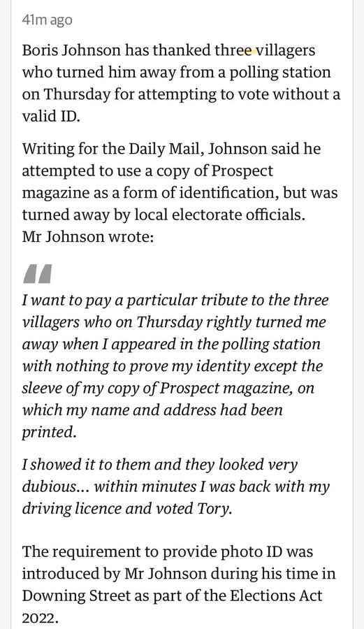 🙄As suspected, Johnson deliberately set up the ‘no ID’ for one of his badly written columns. If I were a ‘villager’ I’d be offended at being thus referred to. Who does he think he is? On the set of The Archers ? #BorisJohnson #LocalElections