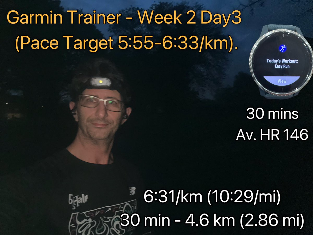 Week, 2 Day 3 of the @GarminUK training. A night run! Run 5 min warmup,  20 minutes at pace 5:55/km-6:33/km (9:31/mi-10:32/mi), then 5 mins cool down. The twinges over injury site were not there today, good sign! Total 30 mins, 4:59 k (2.85 mi) @Garmin @GarminFitness @therunchat