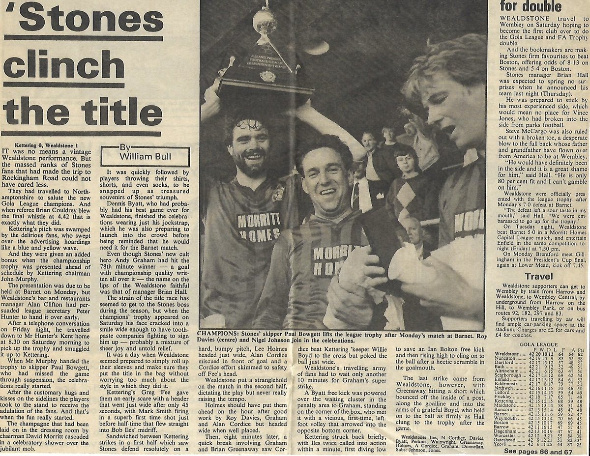 🏆39 years ago today, Stones won the National League title (then known as the Gola League) with a 1-0 win away @KTFCOfficial A week later we would go on to secure the first Non-League Double with a 2-1 win @wembleystadium against @bostonunited in the FA Trophy final.