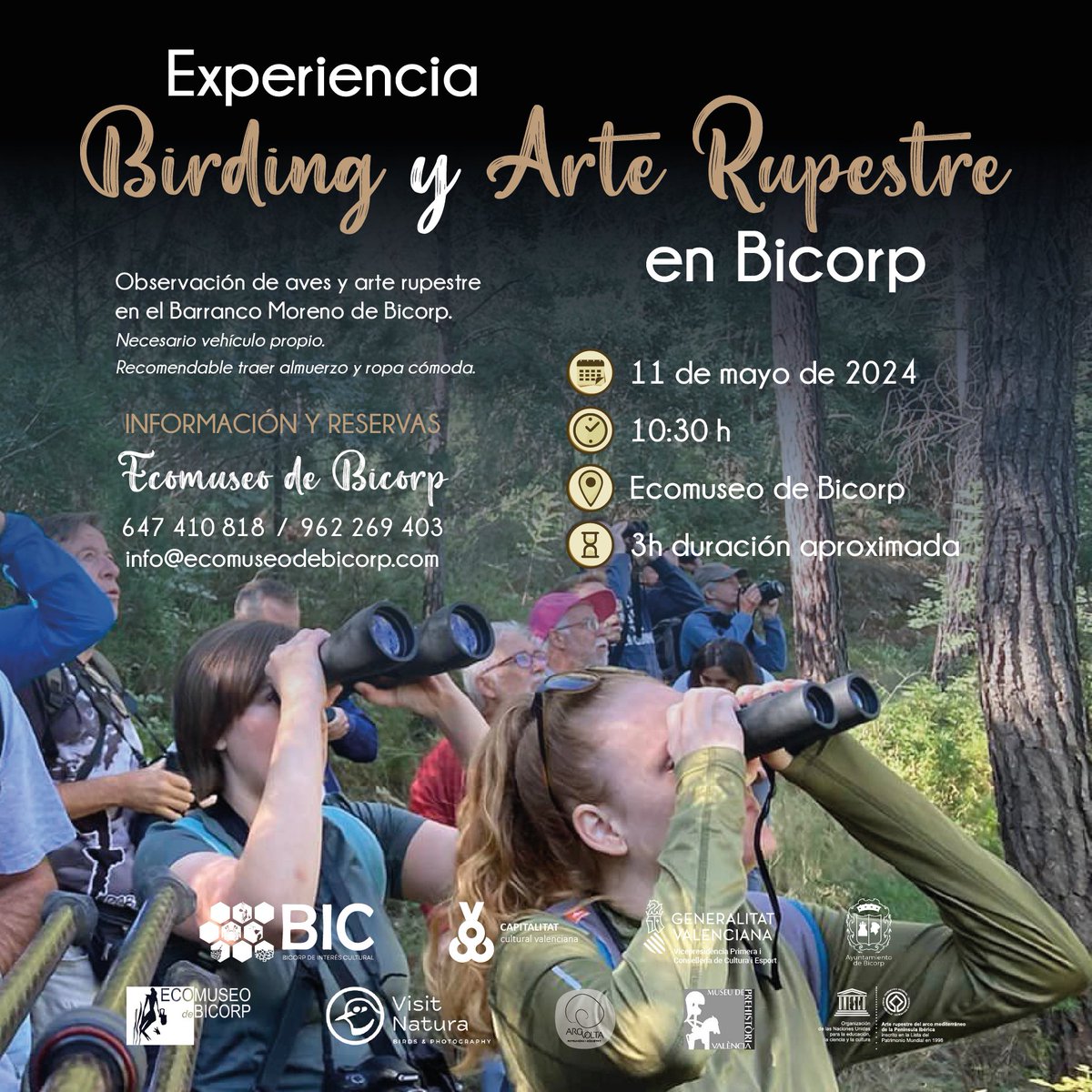 ¡Vuelve Birding y Arte Rupestre! Aprende #ornitología de la mano de Yanina de @VisitNatura y conoce la historia que alberga el #arterupestre de Barranco Moreno con nuestro equipo.

🗓️11 de mayo
🕙10:30h
📍Ecomuseo de Bicorp
⚠️Reserva previa necesaria

#PatrimonioMundial