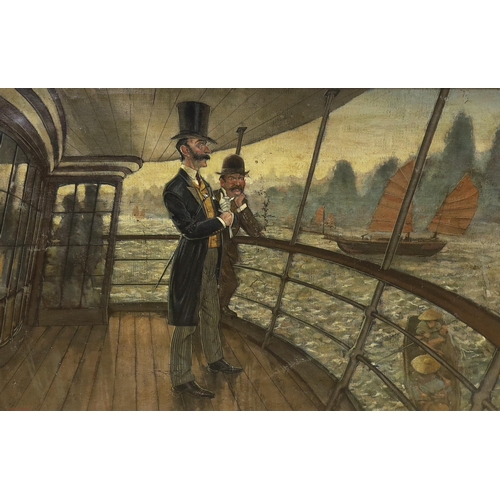 This is advertised for auction as 'Hong Kong School, oil on canvas, Two figures on a deck before junks' - no date or artist - any ideas anyone (possibly feels a little retro?)...