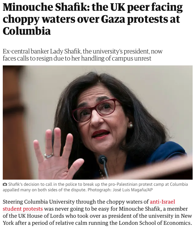 Hmm, Guardian. I think you'll find the protests are anti-genocide: they are against their universities investing in the slaughter of Palestinians.

So why misleadingly label them as 'anti-Israel' in the intro? Unless you are pro-genocide, of course. Are you, Guardian?