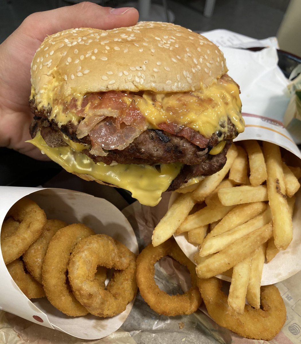Bacon Cheeseburger, fries, and onion rings 🍔 🍟