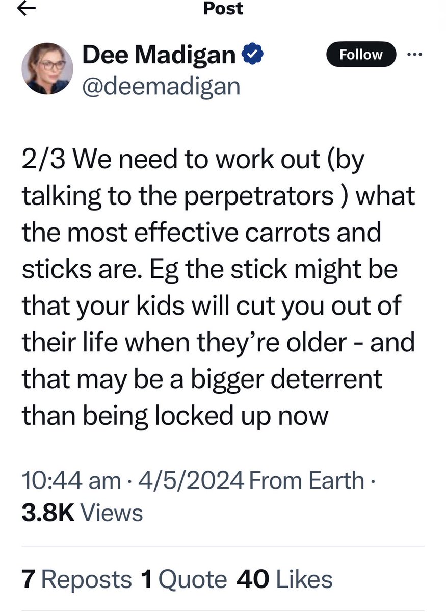 This is SUCH an 'advertising-y' way of thinking Dee reckons violent male offenders are analogous to customers trying to decide between buying washing powder A or B. Sit down, ad lady. This ain’t your gig, clearly. FMD