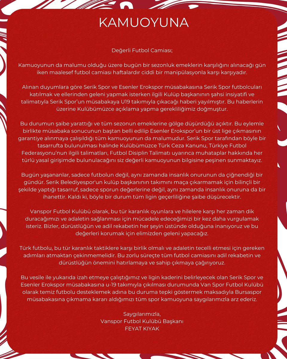 Değerli Futbol Camiası;

Kamuoyunun da malumu olduğu üzere bugün bir sezonluk emeklerin karşılığını alınacağı gün iken maalesef futbol camiası haftalardır ciddi bir manipülasyonla karşı karşıyadır.

Alınan duyumlara göre Serik Spor ve Esenler Erokspor müsabakasına Serik Spor