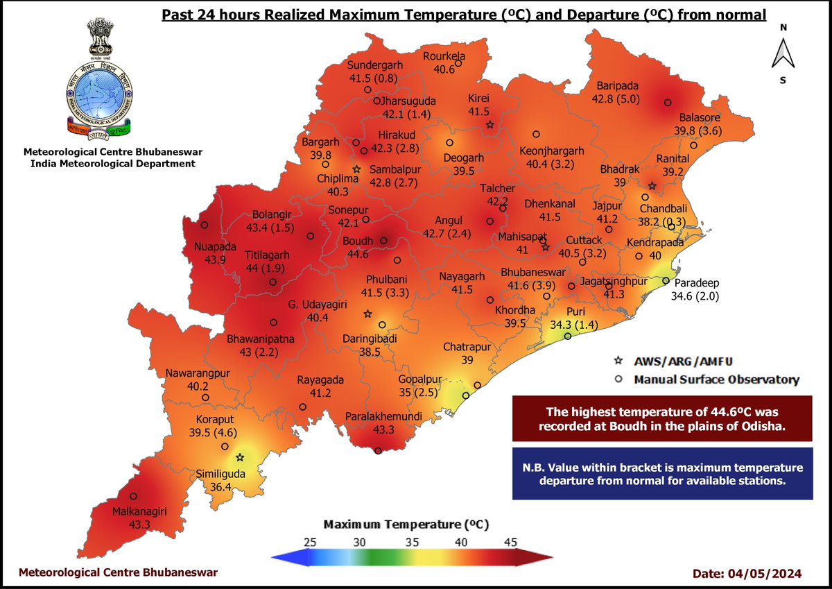 Past 24 hours Realized #MaximumTemperature (ºC) and Departure (ºC) from normal